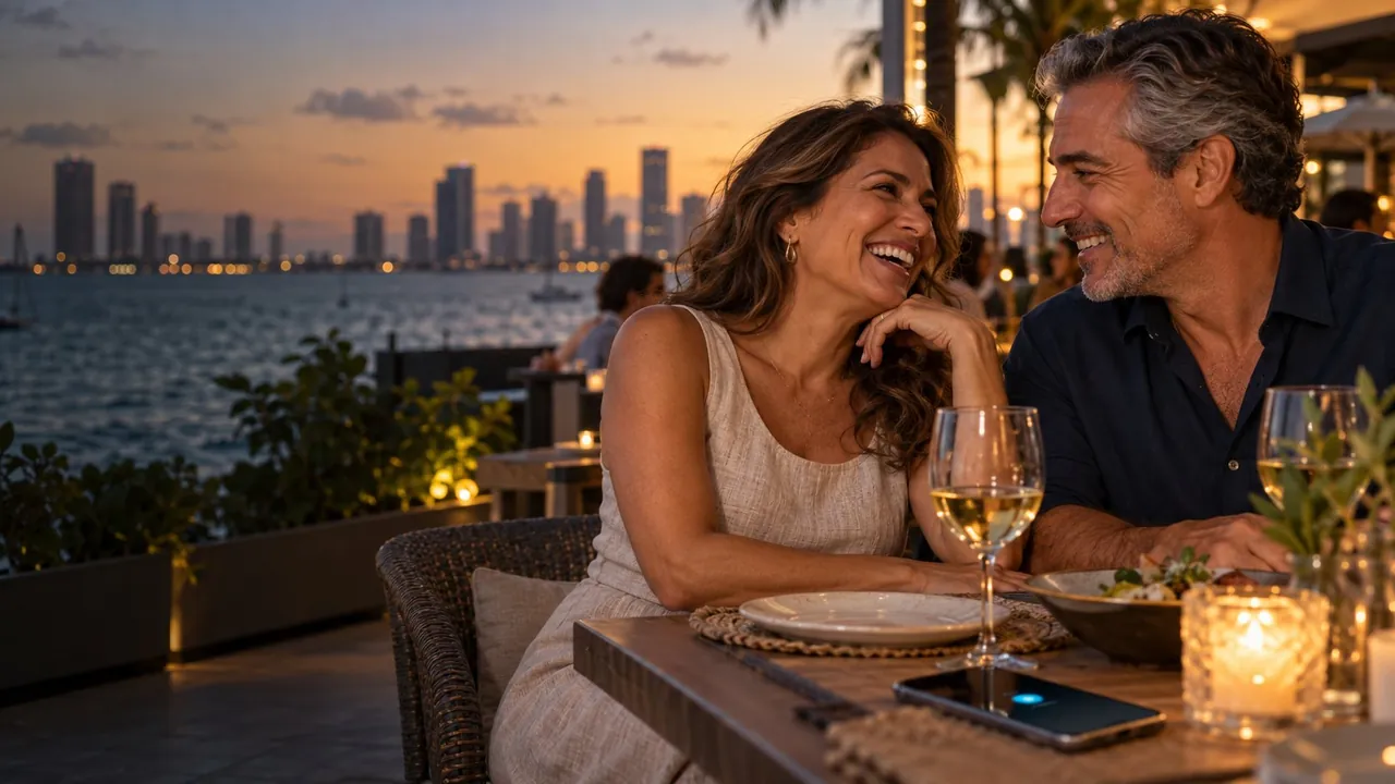 Couple laughing at dinner in Miami