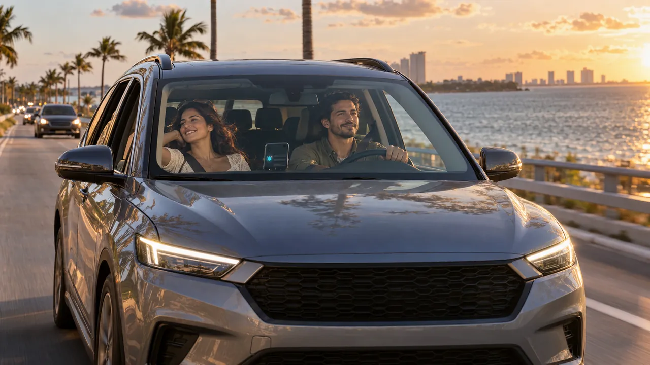 Couple driving home along the bay at sunset