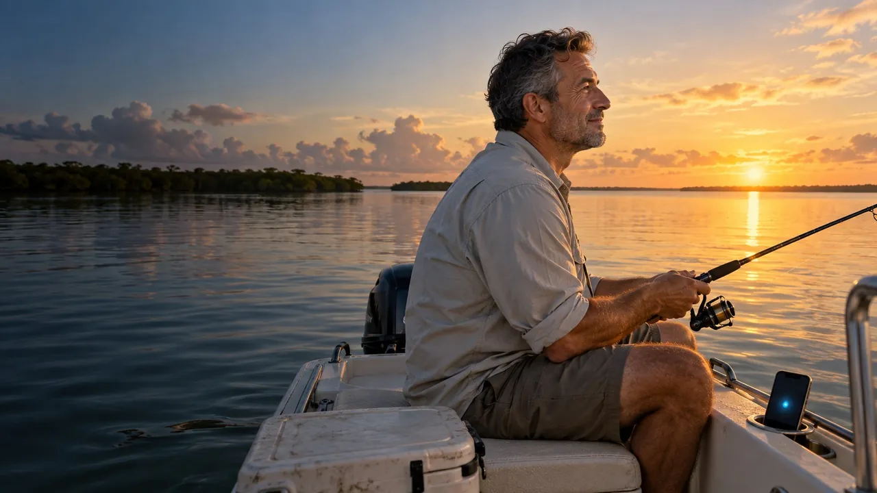 Business owner fishing on a boat at sunrise