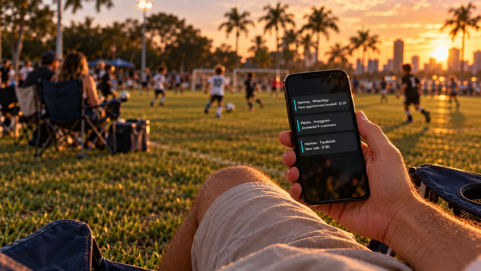 Parent at a kids' soccer game holding a phone with booking notifications