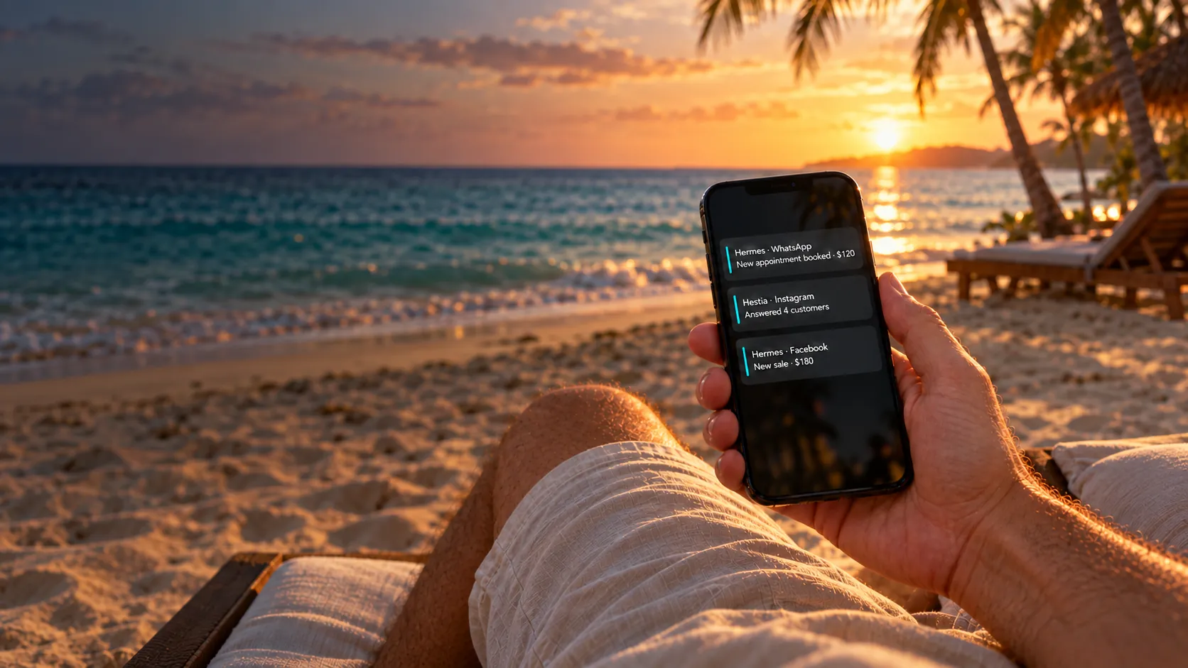 Relaxing on a Caribbean beach at sunset with booking notifications on the phone