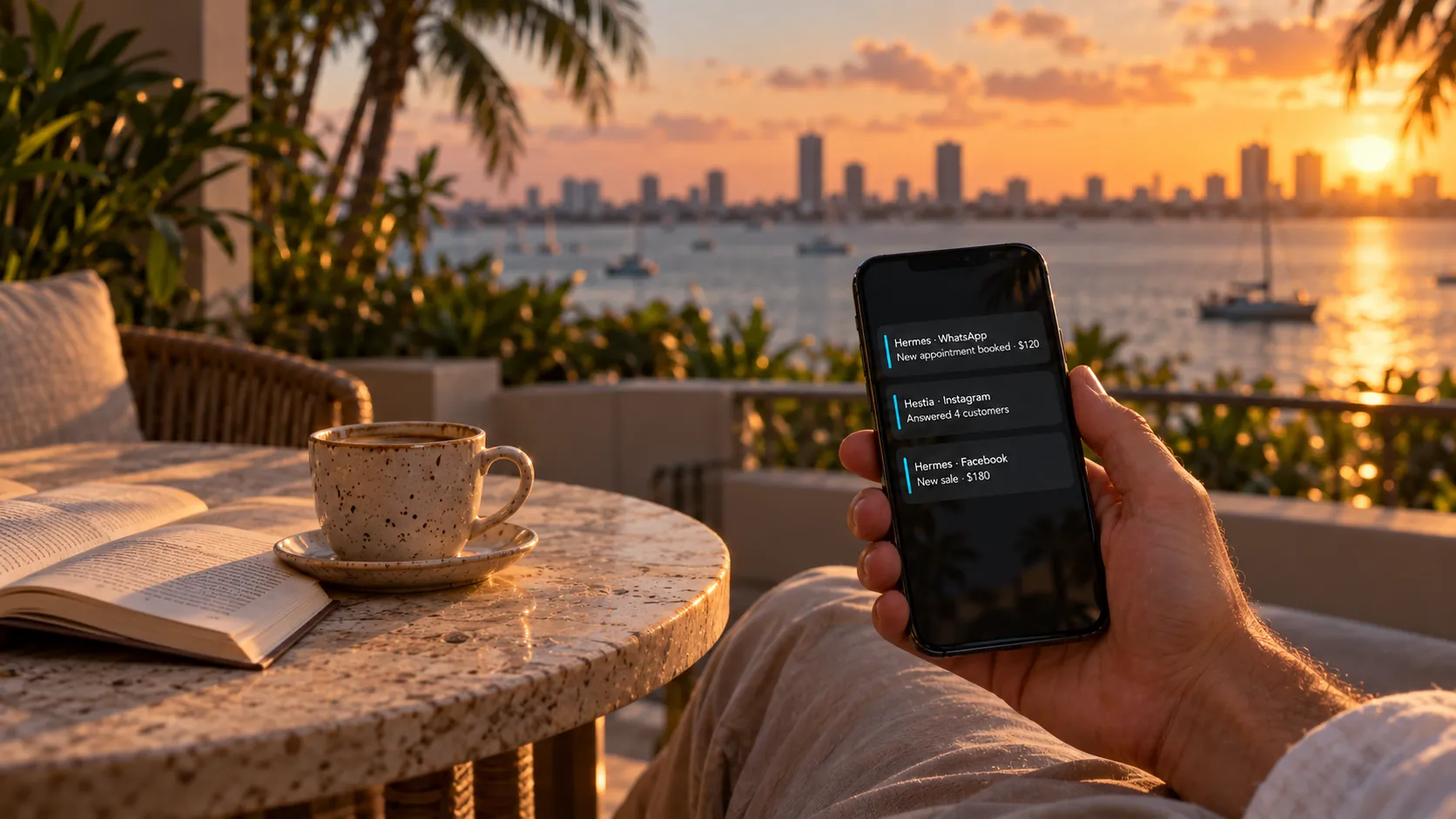 Coffee and a book on a Miami terrace while the phone shows new bookings